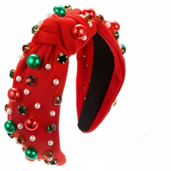 Christmas Non-Slip Headband Top Knotted with Faux Pearl & Rhinestones - Picture 3 of 4